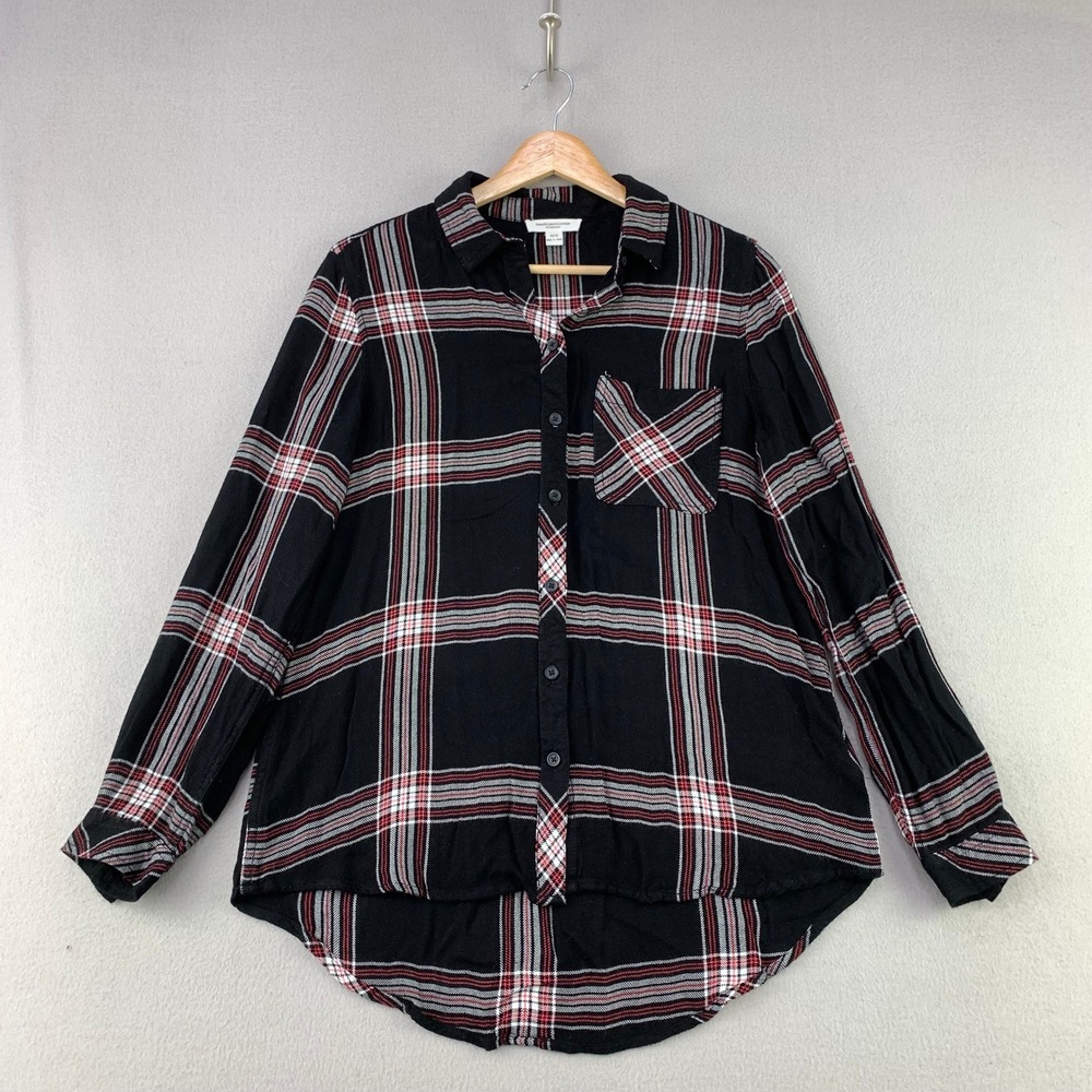 beachlunchlounge Rayon Flannel Shirt Womens Medium Black Plaid Long Sleeve